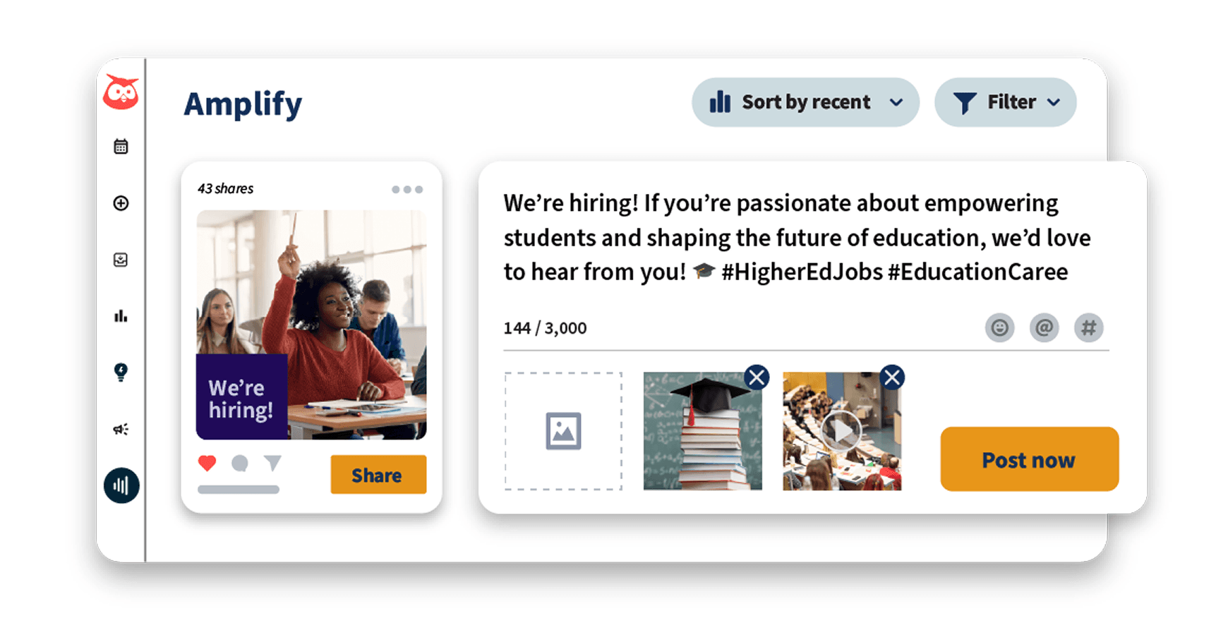 Screenshot of Amplify social media interface showing a job posting with "We're hiring!" message and education-related hashtags
